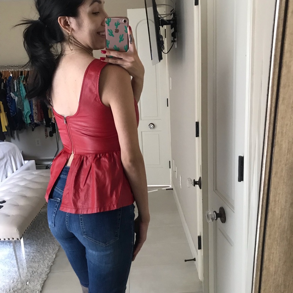 Faux leather red peplum top with open back